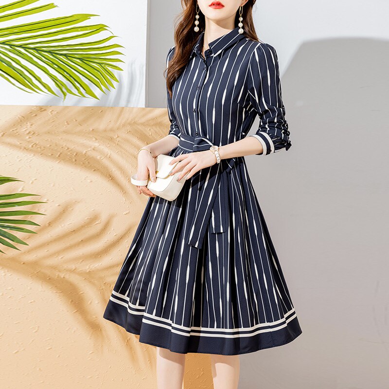 High Quality Turtleneck Pleated Navy Blue Knee Length Elegant Dress