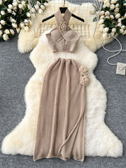 3D Knitted Women Sets Halter Hollow Out Mini Tops + Side Split Bodycon Long Skirt Sexy Beachwear 2 Piece Sets High Quality