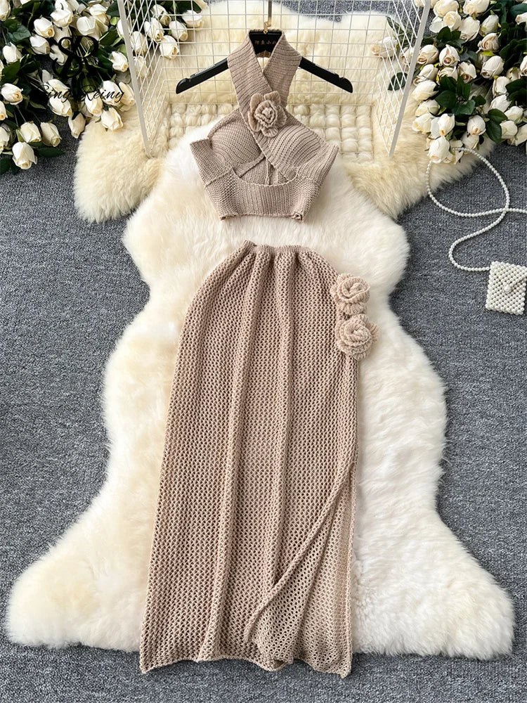 3D Knitted Women Sets Halter Hollow Out Mini Tops + Side Split Bodycon Long Skirt Sexy Beachwear 2 Piece Sets High Quality