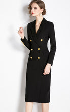 High Quality Black Long Sleeve Double Breasted Midi Elegant Dress