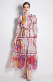 High Quality Belted Lantern Sleeve High Neck Flower Print Dress