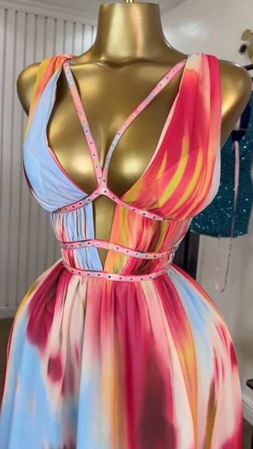 Women Tie Dye Print Diamonds Hot Rhinestones Strap A-line Midi Maxi Long Dress  Beach Holiday Party Birthday Dresses
