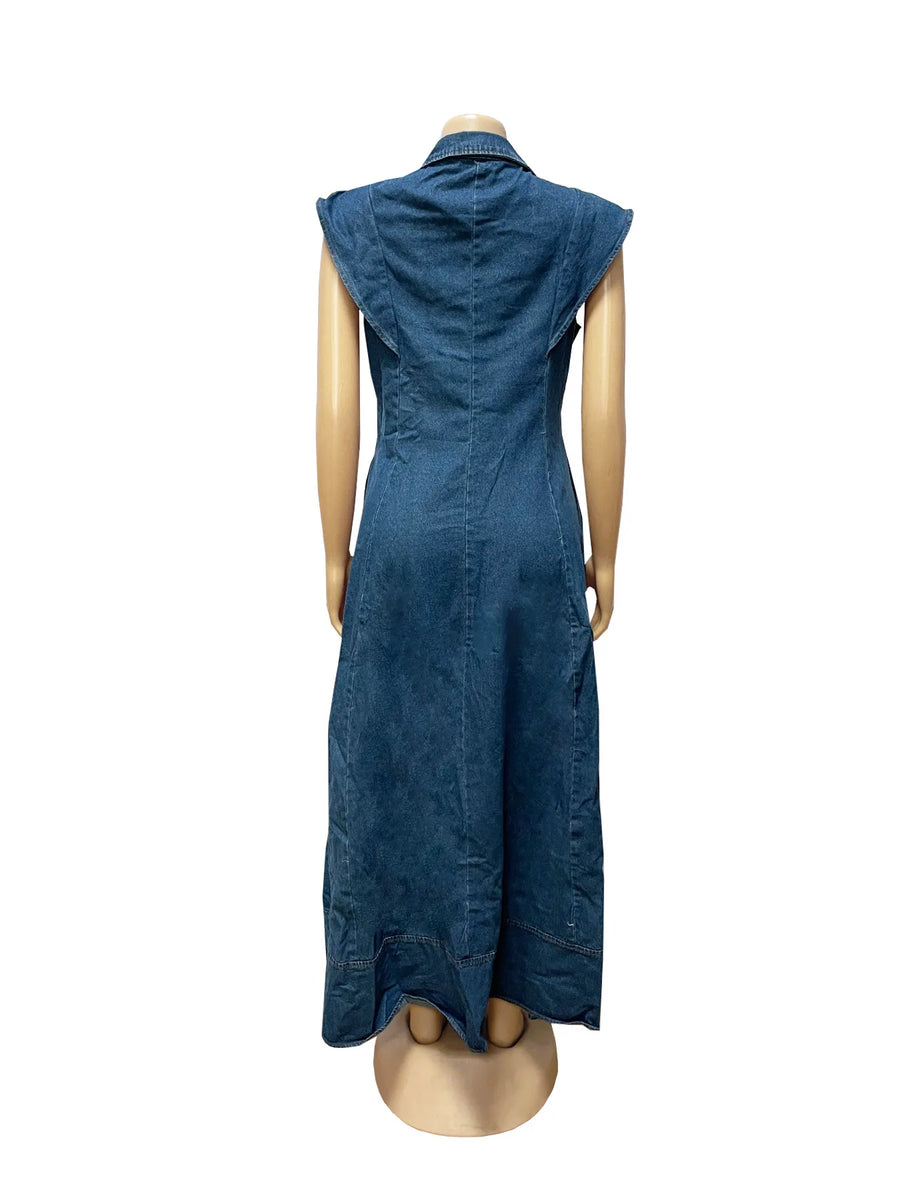 Long Dress Women Denim Dresses A Line Vestidos  Streetwear Turn Down Collar Sleeveless Elegant Casual Loose