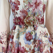 Floral print dress with long sleeves, high neck, and belt, high quality midi length