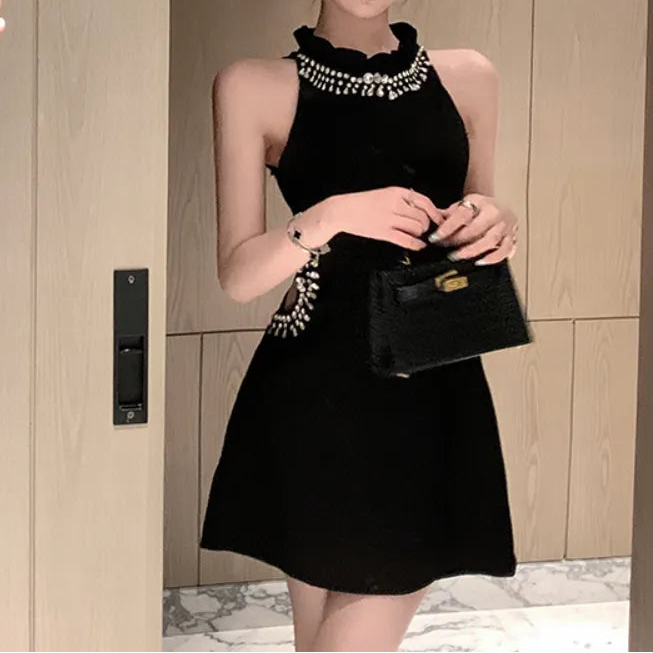 Elegant Mini Dresses Women Rhinestone Hollow Out French Style Ruffled Collar Slim Sleeveless Off Shoulder Black Sexy