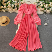 High Quality Lantern Sleeve Stretch Chiffon Wide Leg Deep V Neck Sexy Pleated Long Jumpsuit