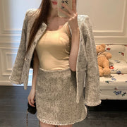 Autumn French Socialite Sequin Tweed Short Coat High Waist Slimming Mini Skirt Set Luxury Style Two Piece Sets Women Outfits