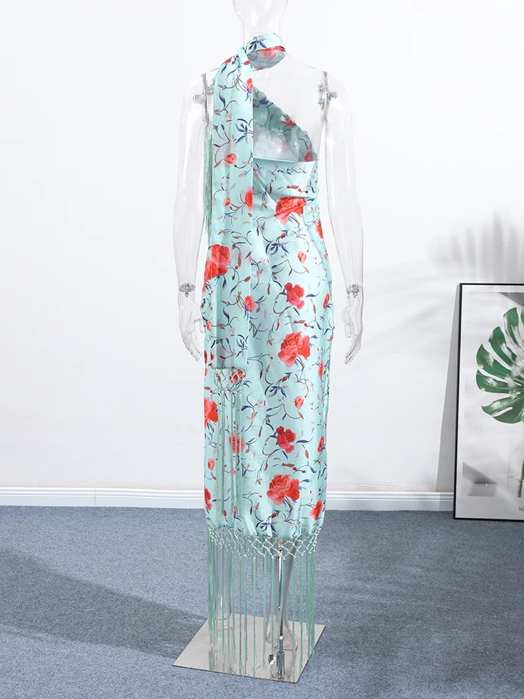 Print Tassels One-piece Long Dress Women Elegant Scarf Collar Sleeveless Backless Slim Party Dresses New Fashion Ladies Vestidos