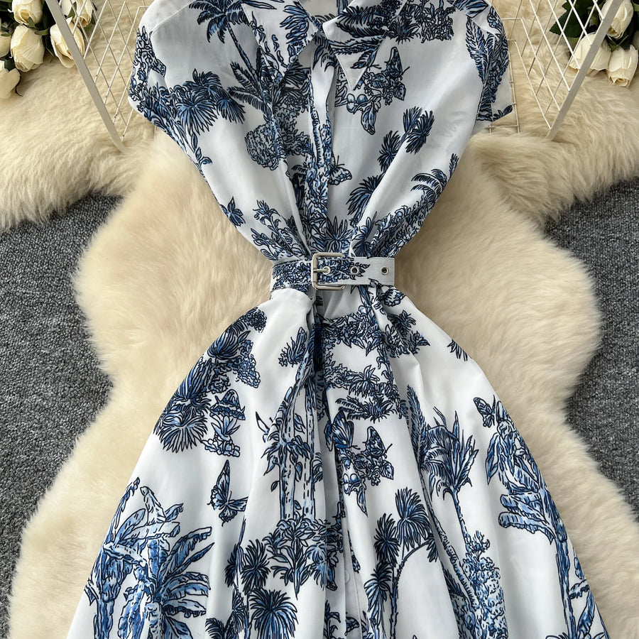 Dress Women Long Dresses High Waist Vestidos Polo Collar Short Sleeve Elegant Splice Y2k Streetwear Work Party Night Print