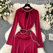 Solid Jumpsuit Chain Round Neck Long Sleeve Cropped Wide Leg Long Pants