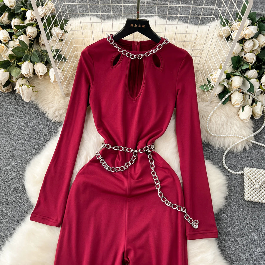 Solid Jumpsuit Chain Round Neck Long Sleeve Cropped Wide Leg Long Pants