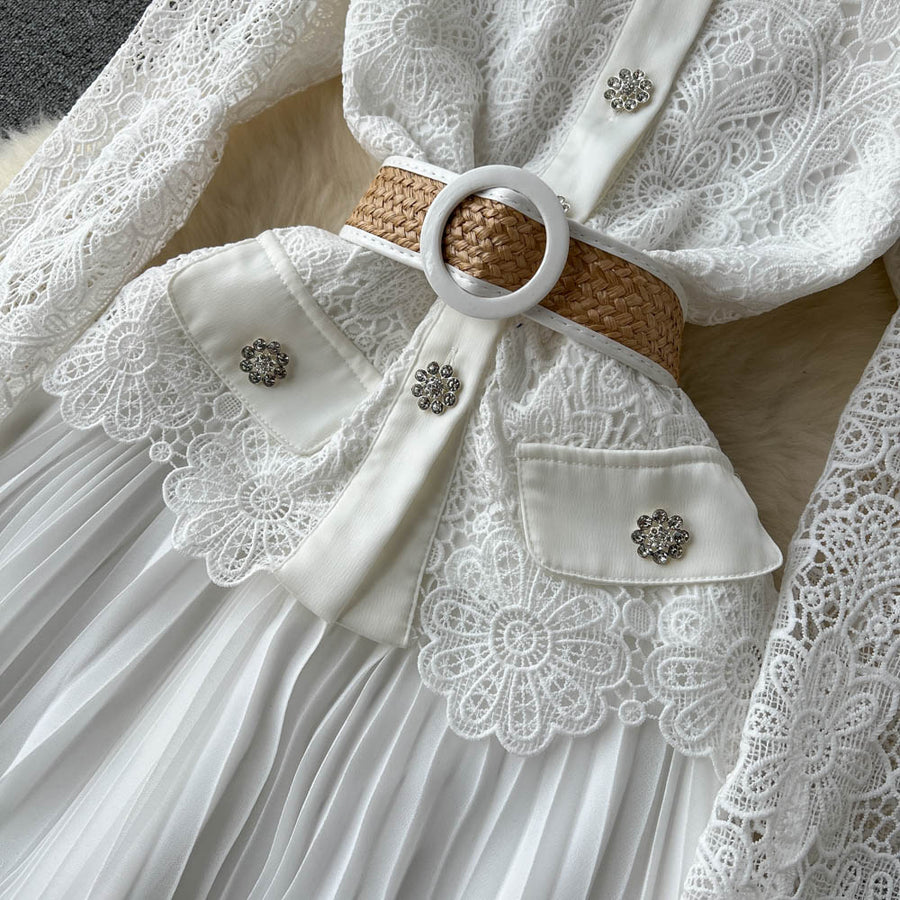 High Quality Long Sleeve Floral Embroidery Button Pleated White Elegant Dress