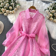 Fashion Temperament Bandage Slim Waist Dress Fairy Gauze Ruffled Long Robe Turn-down Collar Single Breasted Diamonds Vestidos