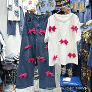 Age Reduction Female Two-piece Set Cute Bow Diamonds Beads O-neck Pullover T-shirt Top + High Waist Straight Denim Pants Suits