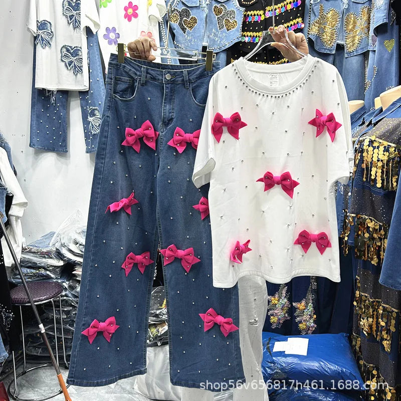 Age Reduction Female Two-piece Set Cute Bow Diamonds Beads O-neck Pullover T-shirt Top + High Waist Straight Denim Pants Suits