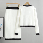 Round Neck Slim Short Sweater Skirts Set+Vintage Knitted Skirts