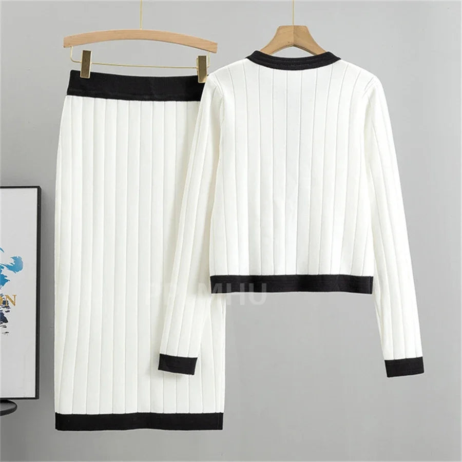 Round Neck Slim Short Sweater Skirts Set+Vintage Knitted Skirts