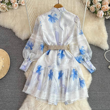 High Quality Stand Collar Lace Embellished Belted Flower Print Flare Long Sleeve Mini Dress