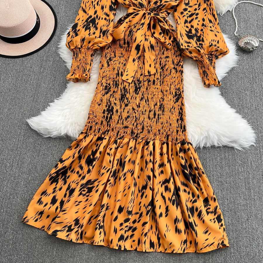 Retro Sweet V Neck Slim Lace -up Print Autumn Summer Elegant Elastic Dress A-line Long Sleeve Vacation Women Mermaid Dresses
