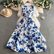 Fashion Elegant Print Sleeveless Dress Women 2026 Summer New Slim Waist Gown Ball Big Swing Robe Fresh Temperament Vestidos