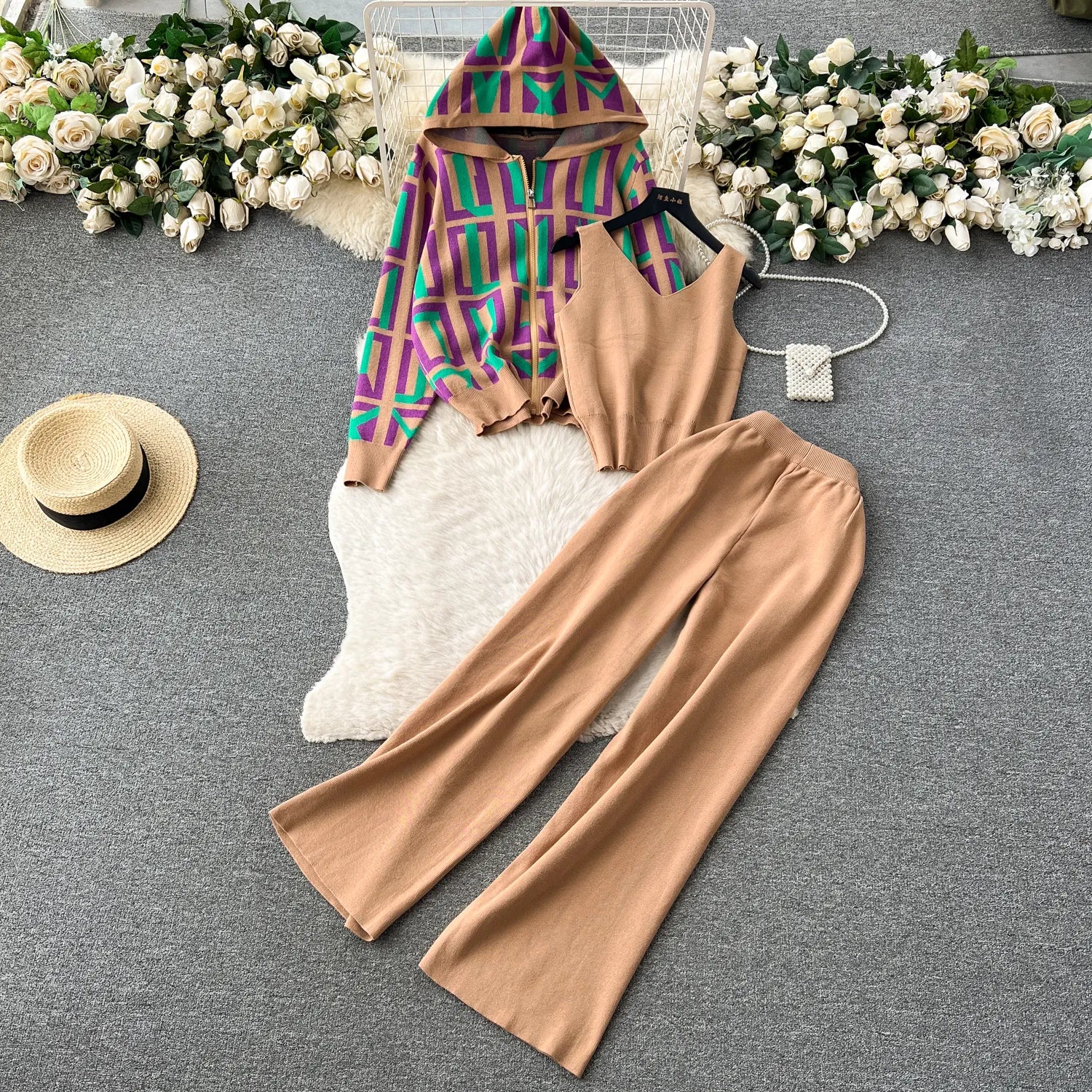 3 Piece Set Stylish Cardigan Tank Top+Pants High Quality