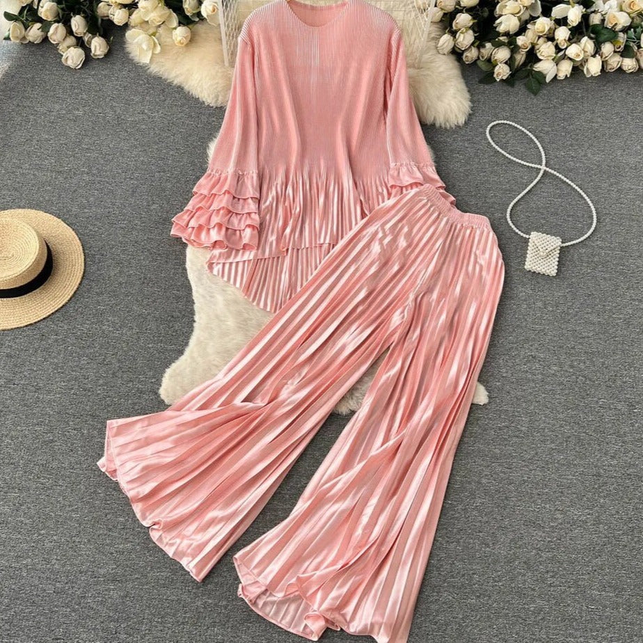 Two Piece Set Irregular Bubble Sleeve Loose Top + High Quality Solid Pleated Wide Leg Pants