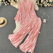 Two Piece Set Irregular Bubble Sleeve Loose Top + High Quality Solid Pleated Wide Leg Pants