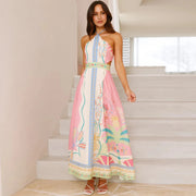 Women Spring Summer Halter Neck Sleeveless Print Linen A Line Long Dress