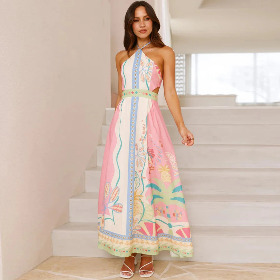 Women Spring Summer Halter Neck Sleeveless Print Linen A Line Long Dress