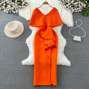 High-end sweet dress with V-neckline, high-quality wrap waist