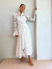 High quality French temperament water soluble lace single-breasted hollow long-sleeved dress