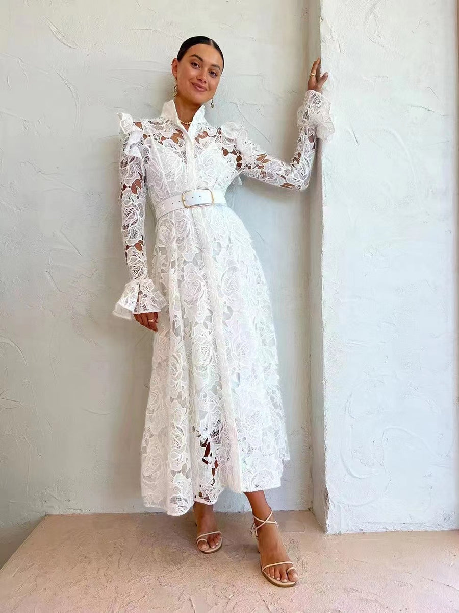 High quality French temperament water soluble lace single-breasted hollow long-sleeved dress