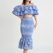 Sexy Cut Out Two Piece Set Womens Skew Collar Sleeveless Off Shoulder Tops High Waist Midi Skirts Print Sets Female Clothing