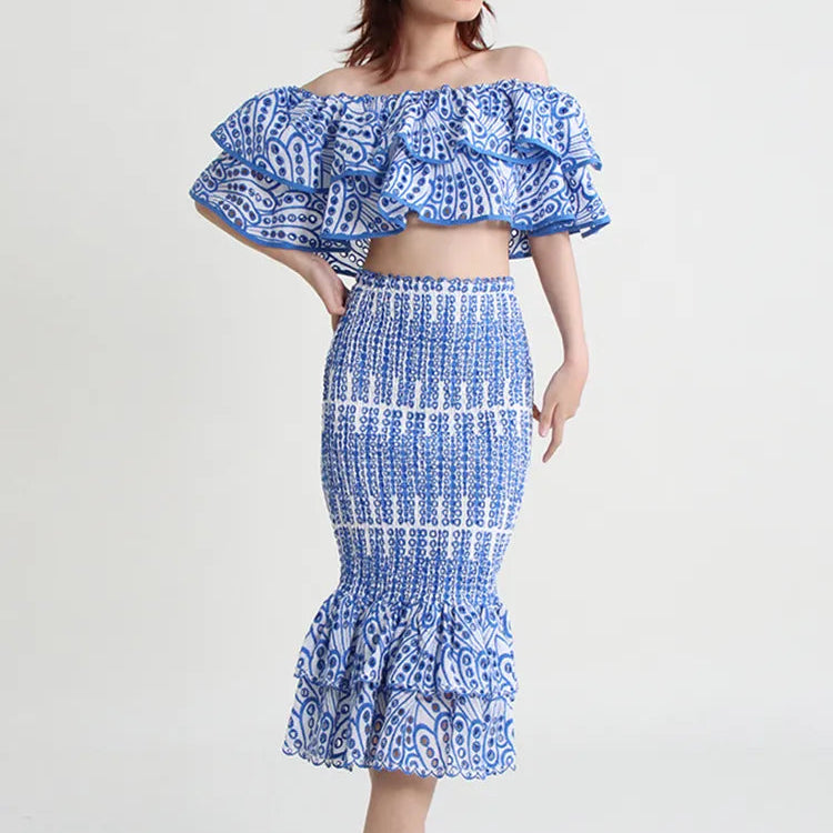 Sexy Cut Out Two Piece Set Womens Skew Collar Sleeveless Off Shoulder Tops High Waist Midi Skirts Print Sets Female Clothing