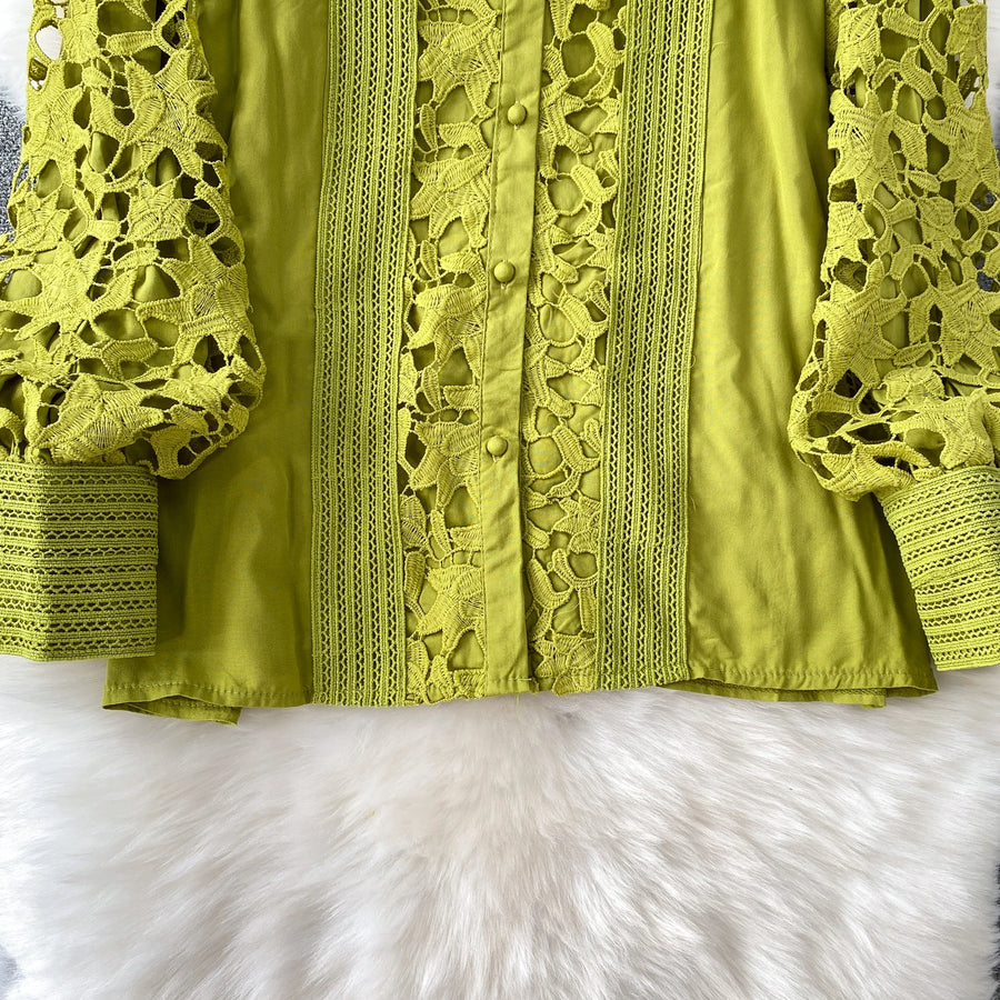 Skirt Sets Women Clothing Temperament Two Piece Set Patchwork Lace Blouses High Waist Hollow Out Long Skirts Suit Summer Outfits