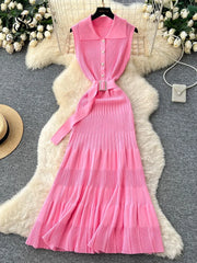 SINGREINY 1950s Ribbed Knit Dress Sleeveless Lapel Belt French Ins Chic Spring Summer Celebrity Style Feminine A-line Long Dress
