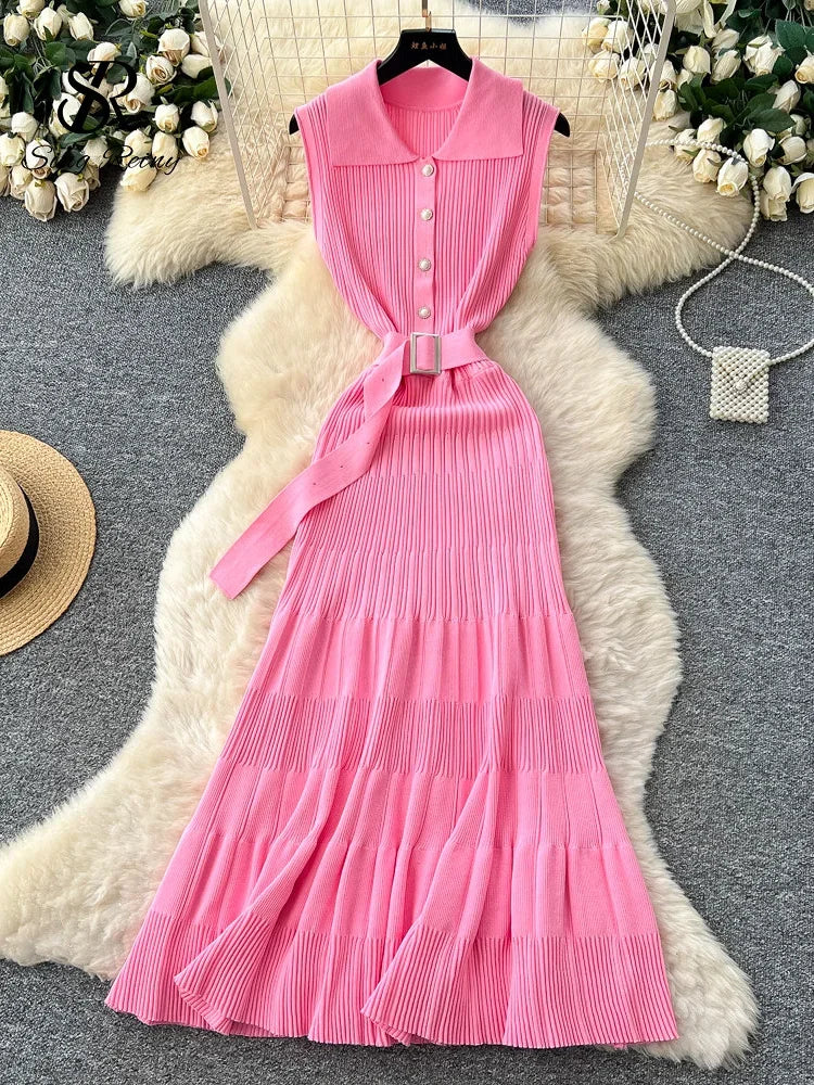 SINGREINY 1950s Ribbed Knit Dress Sleeveless Lapel Belt French Ins Chic Spring Summer Celebrity Style Feminine A-line Long Dress