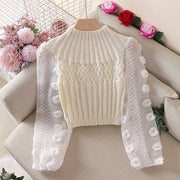 High quality sweet floral puff sleeves half high neck sweater