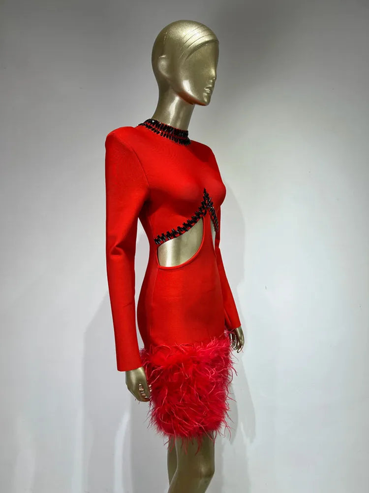 High Quality Feather Beaded Luxury Sexy Long Sleeve Red Bandage Mini Dress