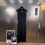 Solid Spliced Hollow Out Long Knitting Dress for Women O Neck Sleeveless High Waist Patchwork Metal Buckle Dresses Female