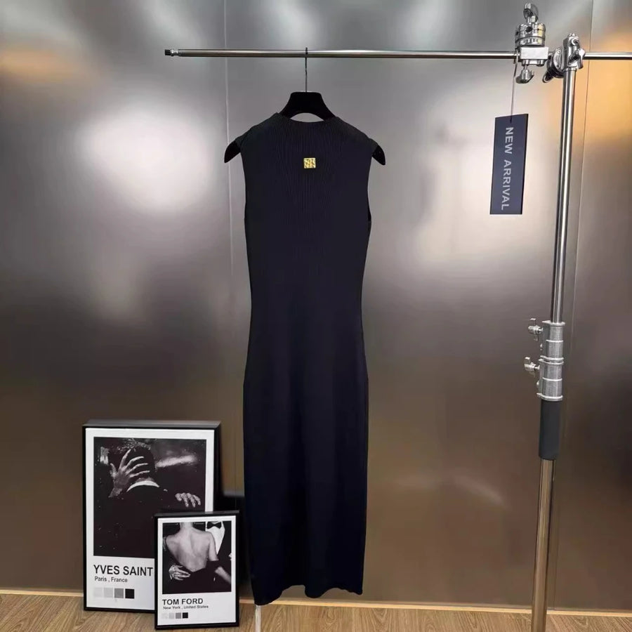 Solid Spliced Hollow Out Long Knitting Dress for Women O Neck Sleeveless High Waist Patchwork Metal Buckle Dresses Female
