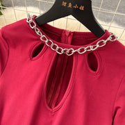 Solid Jumpsuit Chain Round Neck Long Sleeve Cropped Wide Leg Long Pants