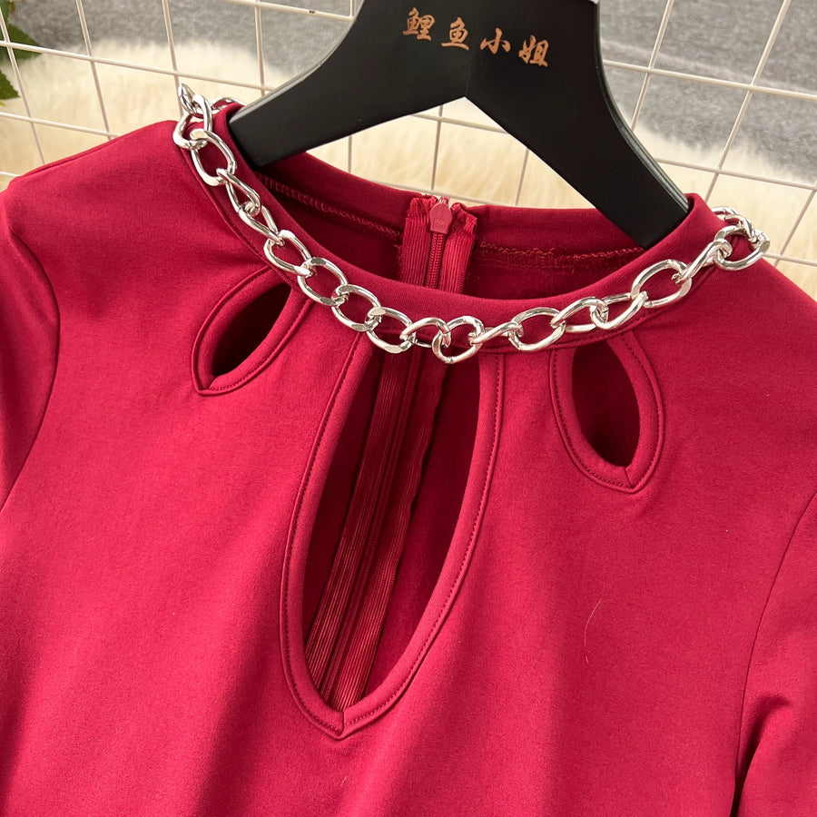 Solid Jumpsuit Chain Round Neck Long Sleeve Cropped Wide Leg Long Pants