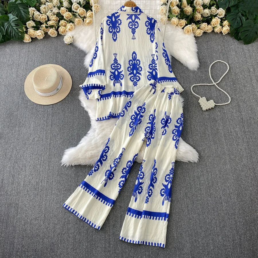 Women Two Piece Skirt Sets Shirt Muslim Suits Shirt Tops Full Sleeve Solid Wide Leg Pant Long Elegant Elastic Waist Summer 2025