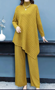 High Quality Turtleneck Knitted Wide Leg Irregular 2 Piece Set