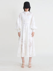 French Elegant Embroidered Round Neck Flare Sleeve Lace Up A-Line Dress High Quality