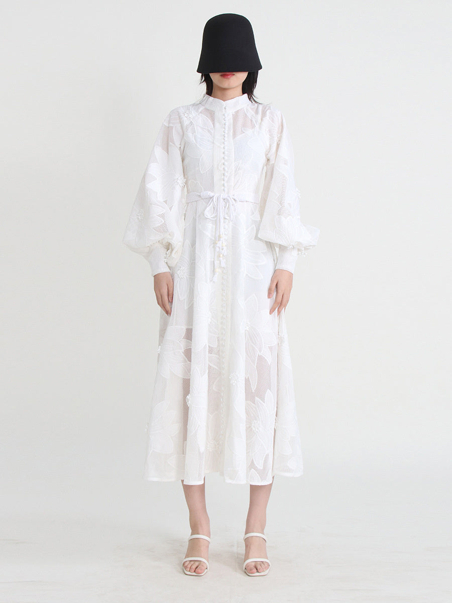 French Elegant Embroidered Round Neck Flare Sleeve Lace Up A-Line Dress High Quality