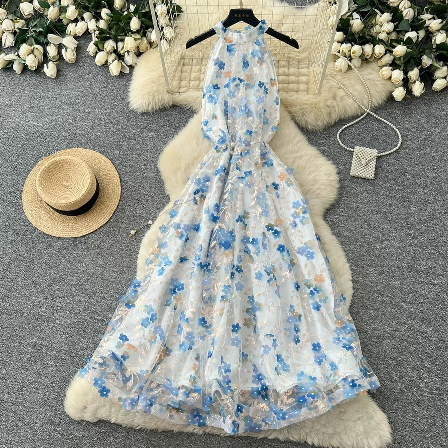 Summer Women's Halter Sleeveless Holiday Dress Luxury Sequins Beading 3D Embroidery Flower Elegant Pearl Belt Party Vestidos