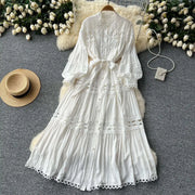 Elegant retro style slit maxi dress with pearl buttons and high-quality crochet embroidery