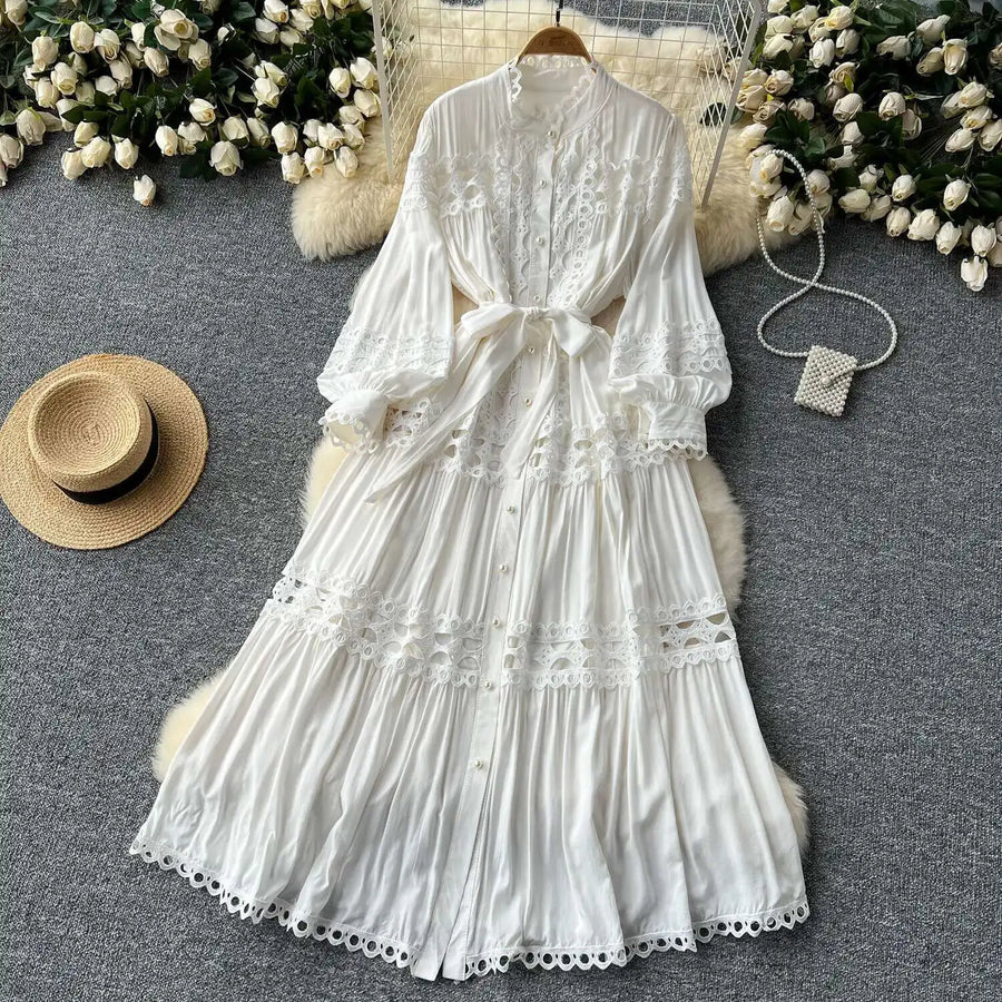 Elegant retro style slit maxi dress with pearl buttons and high-quality crochet embroidery